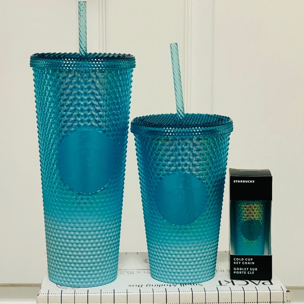 Starbucks Ombre Blue Studded Cup Tumbler Venti Grande Keychain Aqua Splash 3PSet